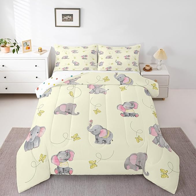Kawaii Elephant Kids Comforter Set King Size,Yellow Butterfly Cartoon Wildlife Reversible Quilted Duvet with 2 Pillowcases Watercolor Grey Pink Animal Comforter for Boys Teens Bedroom