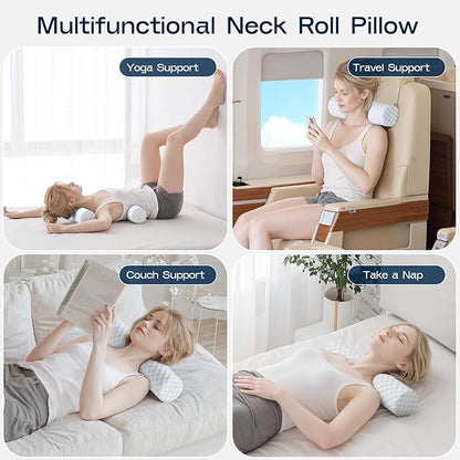 Neck Roll Pillow, Memory Foam Neck Support Pillows, Round Neck Pillows, Cylinder Bolster Pillows for Bed, Couch, and Yoga, Removable Washable Cover,18 * 4.1 * 4.1inch (Cool-Blue)