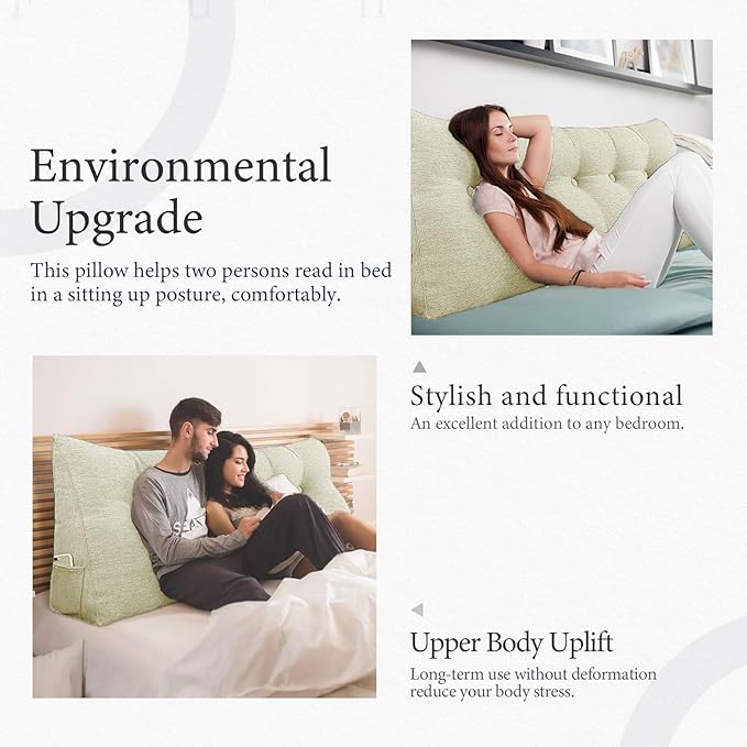14 lbs Thickened King Headboard Pillow Wedge Pillow Headboard Reading Pillow Bed for Backrest Reading Triangular Pillow with Side Pocket for Sitting in Bed Cotton Linen White