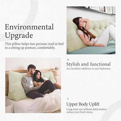 14 lbs Thickened King Headboard Pillow Wedge Pillow Headboard Reading Pillow Bed for Backrest Reading Triangular Pillow with Side Pocket for Sitting in Bed Cotton Linen White