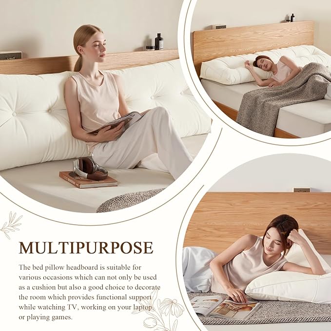 Headboard Pillow Queen, Large Triangular Wedge Headboard Pillow for Reading and Resting, Backrest Positioning Support Pillow with Removable Cover (Cream)