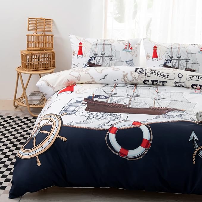 CVHOUSE Nautical Bedding Set Queen Size,Nautical Sailboat Bed for Boys Teens,Ocean Themed Sailing Anchor Comforter Cover Soft,Anchor Duvet Quilt Queen 89'x89'