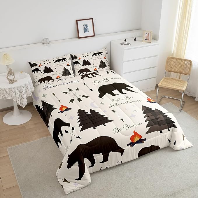 Happy Camping Bedding Set Full Size,Hunt Bear Pine Trees Comforter Set for Kids Boys Girls Cabin Room Decor,Cartoon Campfire Arrow Stars Moon Quilt Set Adventure Duvet Insert Brown 3Pcs