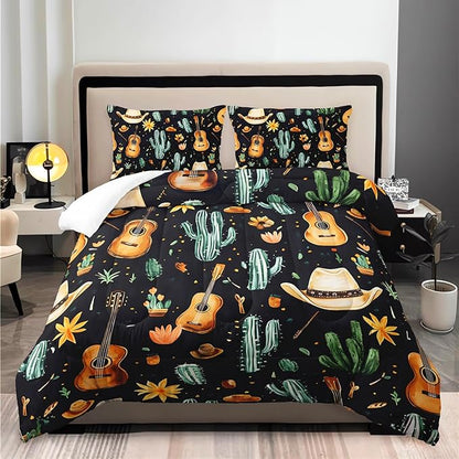 Western Cowboy Hats Musical Guitar Comforter 3Pcs Twin Wild Cactus Flowers Bedding Set for Kid Teen Girl Boy Adult Nature Botanical Floral Quilt Bed Decor with 1 Comforter and 2 Pillowcases