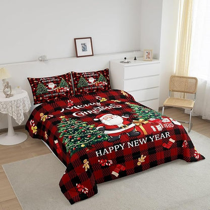 Merry Christmas Comforter Set,Xmas Santa Claus Christmas Tree Bedding Set for Kids Boys Girls,Red Gingerbread Stocking Duvet Insert,Vintage Gird Holiday Down Comforter with 2 Pillowcases,King