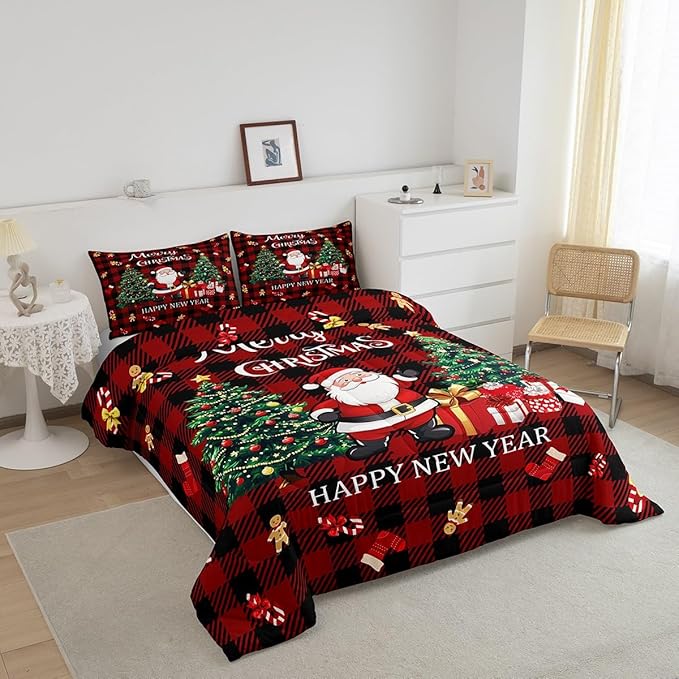 Merry Christmas Comforter Set,Xmas Santa Claus Christmas Tree Bedding Set for Kids Boys Girls,Red Gingerbread Stocking Duvet Insert,Vintage Gird Holiday Down Comforter with 1 Pillowcase,Twin