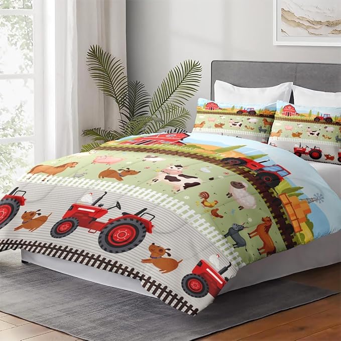 Queen Size Comforter Set with 2 Pillowcase, Farm Animal Birds Soft 3 Pcs Bedding for Kids and Adults, Barn House Cute Comforter Set for Room Bedroom Bed Decor