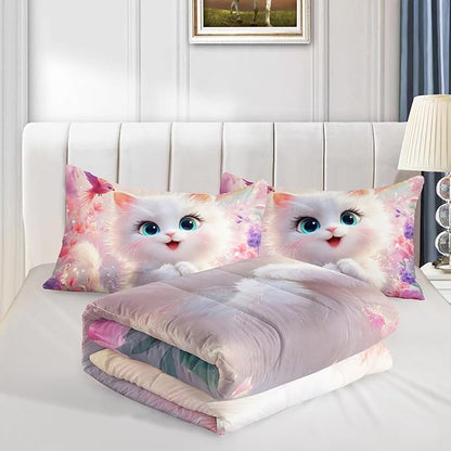 Kids Comforter Set Full Size,Pink Cats Bedding Set for Girls Kawaii Room Decor,Colorful Flowers Rainbow Bed Set,Cute Pet Animal Themed Bedding with 2 Pillowcases.