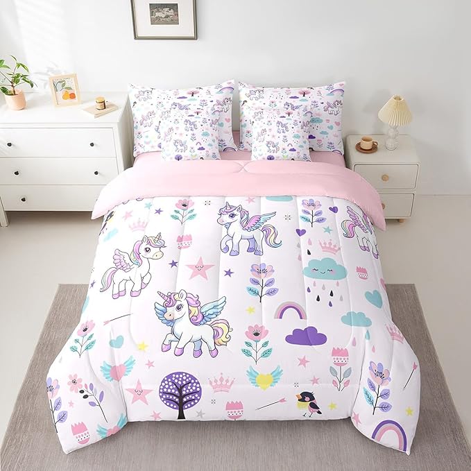 Erosebridal Girls Floral Unicorn Bedding Set Queen Size 7 Piece Bed in A Bag Cartoon Animal Comforter Set for Kids Teens Super Soft All Season for Bedroom,Cute Flower Reversible Bed Sets