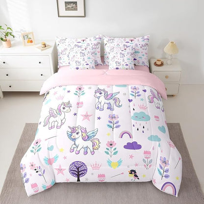 Erosebridal Girls Floral Unicorn Bedding Set Queen Size 7 Piece Bed in A Bag Cartoon Animal Comforter Set for Kids Teens Super Soft All Season for Bedroom,Cute Flower Reversible Bed Sets