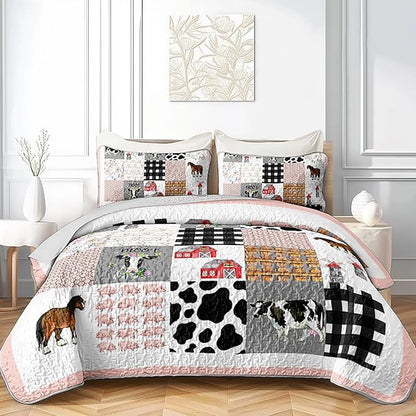 HOSIMA Farmhouse Twin Bedding Sets,Plaid Patchwork Cow Bedding,Cute Cartoon Farm Animal Pig Cow Horse Pattern Quilt,Western Country Style Room Decor Aesthetic with 2 Pillowcases.