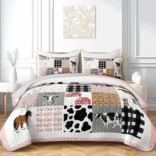 HOSIMA Farmhouse King Size Bedding Set,Plaid Patchwork Cow Bedding,Cute Cartoon Farm Animal Pig Cow Horse Pattern Quilt,Western Country Style Room Decor Aesthetic with 2 Pillowcases.