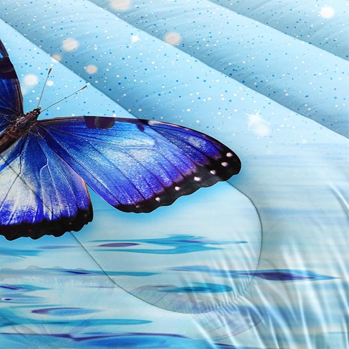 Fantasy Blue Themed Aesthetic Bedding Queen Comforter Set,Butterflies on Water with Falling Flowers Comforter Sets for Kids Girls Boys,Pretty Butterfly Pattern Bedding Sets with 2 Pillowcases.