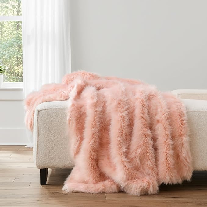 HORIMOTE HOME Pink Faux Fur Throw Blanket, Long Pile Light Pink Fur Blanket, Super Warm, Soft, Cozy, Fuzzy, Fluffy Throws for Couch Bed Sofa, Aesthetic Home Room Decor Throw, 50" x 60"