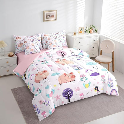 Erosebridal Floral Pig Bedding 7PCS Twin Size Comforter Sets for Boys Cartoon Animal Bedding Sets Cute Flower Bed in a Bag,1 Comforter,1 Flat Sheet,1 Fitted Sheet,2 Pillowcases,2 Throw Pillow Covers