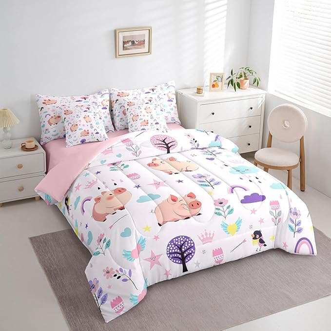 Erosebridal Floral Pig Bedding 7PCS Full Size Comforter Sets for Boys Cartoon Animal Bedding Sets Cute Flower Bed in a Bag,1 Comforter,1 Flat Sheet,1 Fitted Sheet,2 Pillowcases,2 Throw Pillow Covers