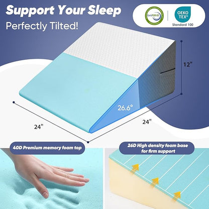 12 inch Bed Wedge Pillow for Adults Seniors, Cooling Memory Foam Incline Pillow for Sleeping, Reading & Resting, Back Support and Leg Elevation, Ideal for Couch, Bedroom & Living Room