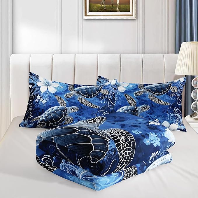 HOSIMA Sea Turtle Full Comforter,Sea Turtles Surrounded by Flowers Print Coastal Bedding for Kids Girls Boys Room Decor,Stems Leaves Pattern Lightweight Ocean Themed Bedding with 2 Pillowcases.