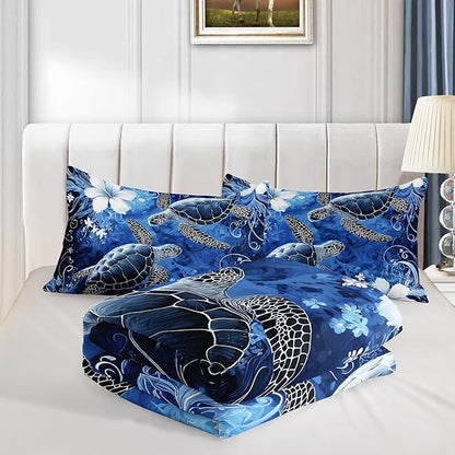 HOSIMA Sea Turtle King Size Comforter,Sea Turtles Surrounded by Flowers Print Coastal Bedding for Kids Girls Boys Room Decor,Stems Leaves Pattern Lightweight Ocean Themed Bedding with 2 Pillowcases.