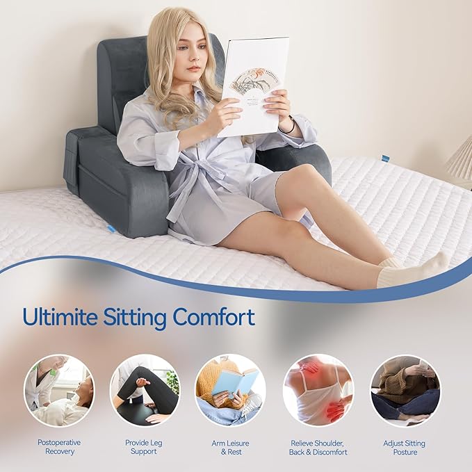Kayfia Reading Pillow, 10 in 1 Back Pillow for Bed Sitting up with Detachable Arms Rest, Back Rest with Gel Memory Foam, Husband Pillow for Reading/Gaming/Working in Bed or Couch 19", Gray