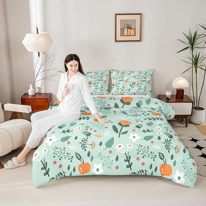 Erosebridal Green Floral Toddler Bedding Set - Boho Flower Cute Comforter Set for Girls Kids, Botanical Plant Green Leaf Bed Set, Cottage Core Room Decor with 1 Pillowcase, Lightweight