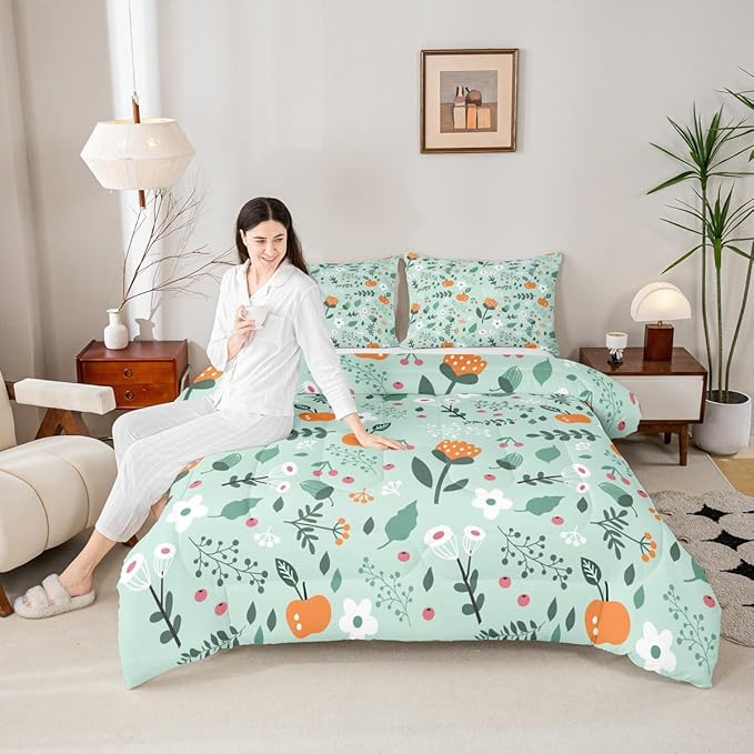 Erosebridal Green Floral King Comforter Set - Boho Flower Cute Bedding Set for Girls Kids Teen, Botanical Plant Green Leaves Quilt, Country Cottage Bedroom Decor with 2 Pillowcases, Breathable