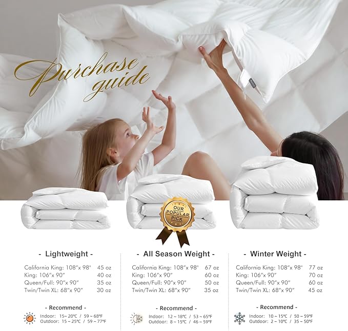 Royoliving Premium Feathers Down Comforter 100% Cotton Cover Duvet Insert with Corner Tabs (White, Queen Winter)