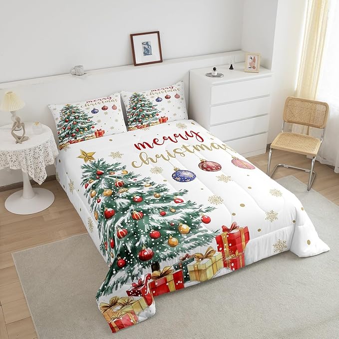 Erosebridal Christmas Tree Queen Comforter Set,Merry Christmas Bedding Set for Kids Boys Girls,Happy New Year Down Comforter,Xmas Snowflake Reversible Bed Set with 2 Pillowcases for Bedroom