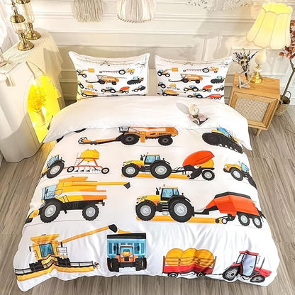 CVHOUSE Excavators Tractor Bedding Set Twin Size,Construction Trucks Duvet Cover for Boy,Machinery Tractor Construction Site Cars Comforter Cover,1 Quilt Cover 2 Pillowcases 3 Piece