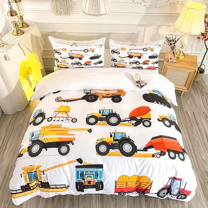 CVHOUSE Excavators Tractor Bedding Set Queen Size,Construction Trucks Duvet Cover for Boy,Machinery Tractor Construction Site Cars Comforter Cover,1 Quilt Cover 2 Pillowcases 3 Piece