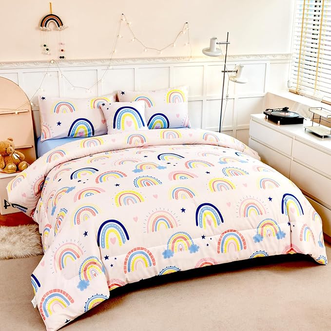 ANGIYUIN 6-Piece Beige Rainbow Girls Comforter Set - Twin Cartoon Love Hearts & Stars Bedding Set for Girls - Soft, Lightweight Kid Bed in a Bag with Comforter, Sheets, Pillowcases