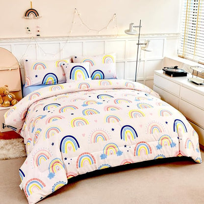 ANGIYUIN 6-Piece Beige Rainbow Girls Comforter Set - Twin Cartoon Love Hearts & Stars Bedding Set for Girls - Soft, Lightweight Kid Bed in a Bag with Comforter, Sheets, Pillowcases