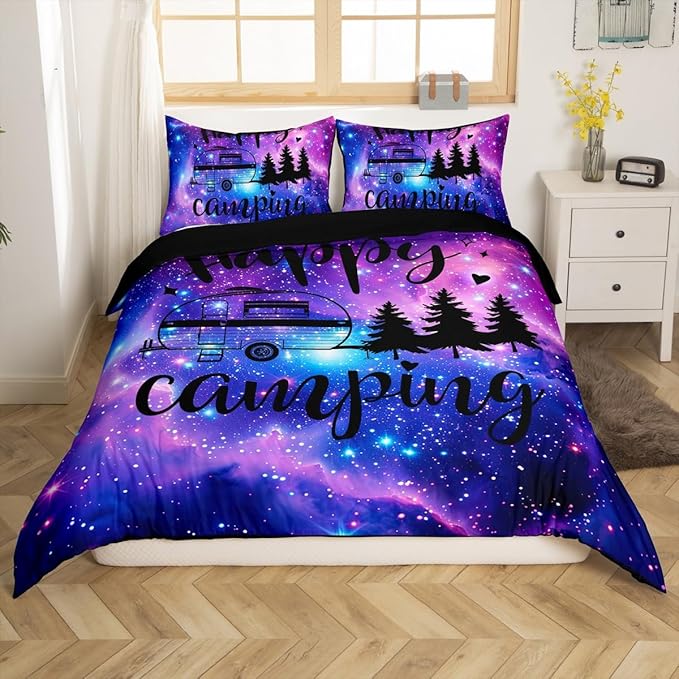 Galaxy Camper Full Size Duvet Cover Set,RV Happy Camping Sketch Comforter Cover with 2 Pillowcases,3pcs,Purple Stars Universe Nebula Polyester Bed Spread for Boys Teens Bedroom Decor