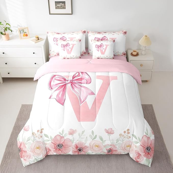 Erosebridal Initial Letter V Bed in A Bag Pink Bow Girls King Bedding Sets Kawaii Girly Bowknot Bed Set Bedroom Decor Spring Fresh Style Comforter Set with Sheets for Kids Teen Women 7-Piece