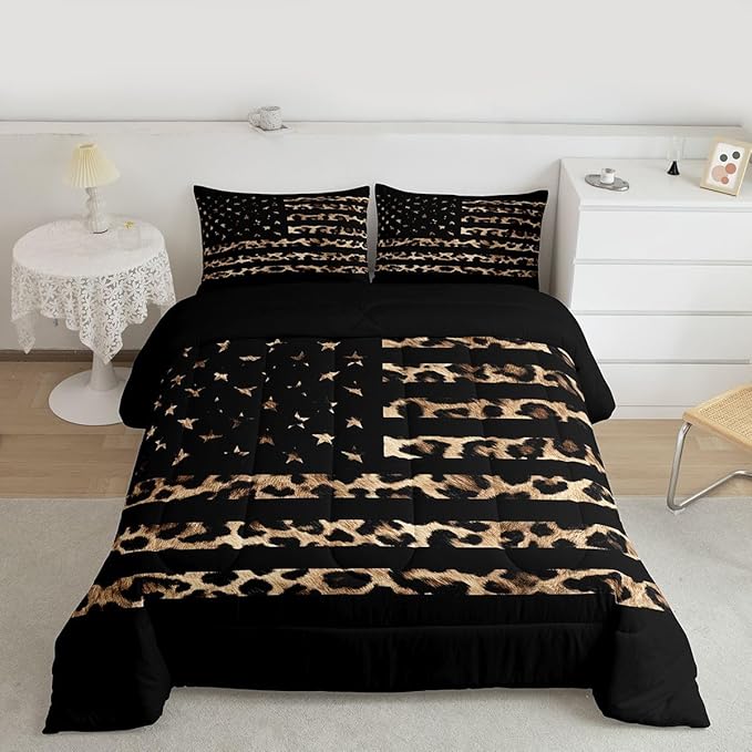 Feelyou American Flag Leopard Kids Comforter Set Full Size Hunting Bedding Set Brown Cheetah Print Duvet Quilt for Kids Boys Girls Bedroom Animal Fur Decor Microfiber Ultra Soft Breathable
