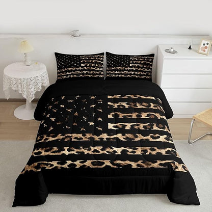 Feelyou American Flag Leopard Kids Comforter Set King Size Hunting Bedding Set Brown Cheetah Print Duvet Quilt for Kids Boys Girls Bedroom Animal Fur Decor Microfiber Ultra Soft Breathable