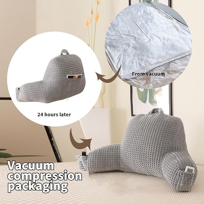 Reading Pillow for Sitting in Bed, Large Backrest Reading Pillow with Arm Rest,Back-Rest Support Cushion for Sit Up on Couch, Sofa, and Floor, Dorm Essentials (Grey Flannel, Standard(17inch))