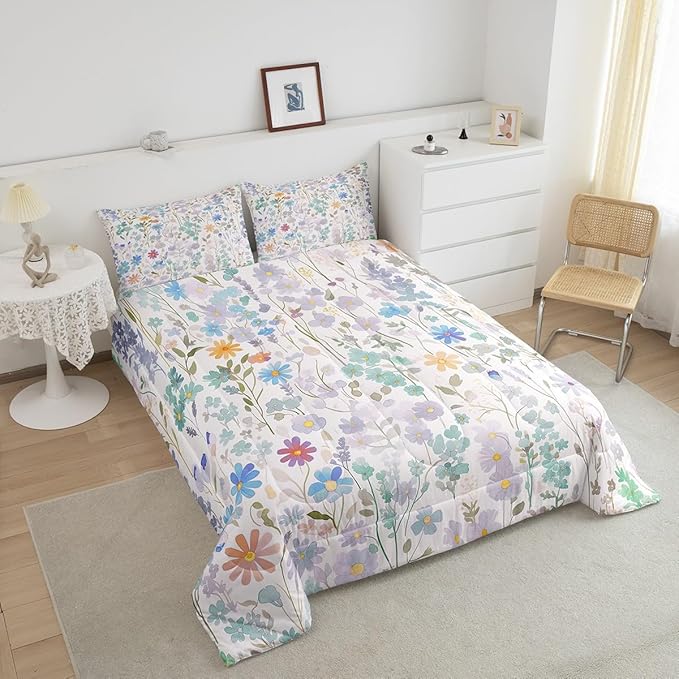 Erosebridal Colorful Floral King Bedding Sets for Girls Boys Kids,Green Blue Cute Flower Comforter Set Boho Home Decor,Watercolor Wildflower Quilt Bed Set Wild Flowers Bed Comforter Set 3Pcs