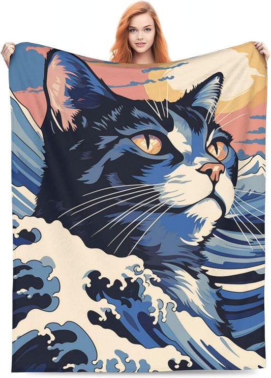 Japanese Painting Cat Blanket Gifts for Cat Lovers Grils Women Kitten Wave Art Flannel Throw Blankets for Home Couch Bed Sofa Soft Fuzzy Lightweight Decor All Season 60x50 Inches