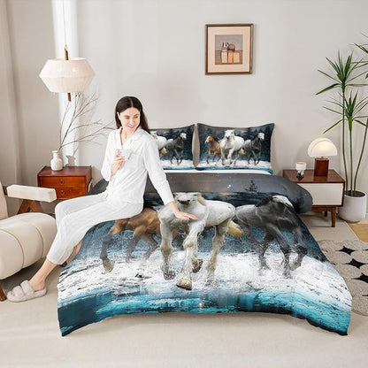 Feelyou Horse Comforter Set Galloping Horse Bedding Set for Kids Boys Girls Wildlife Comforter Farm Animal Quilt Set 1 Comforter Set with 2 Pillowcases Queen Size