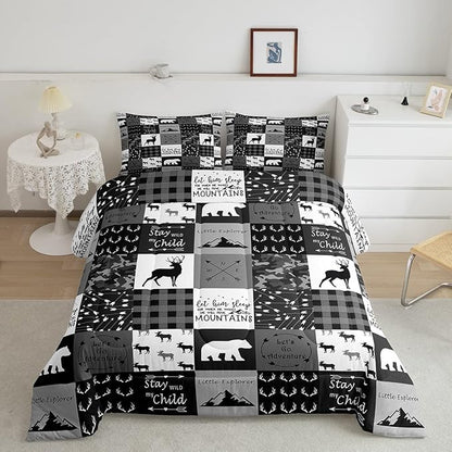 Feelyou Cute Deer Comforter Set Wild Deer Hunting Decor Comforter Soft Quilt for Kids Boys Antlers Wild Animal Natural Bedding Set,Black Grey with 1 Pillowcase 2Pcs Bedding Twin Boys