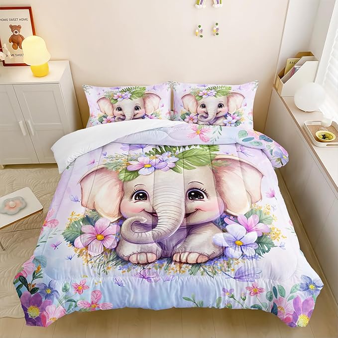 Elephant Flowers Comforter 3pcs Queen Wild Animals Pink Purple Kawaii Butterfly Bedding Kids Comforter Set for Boys Girls Cute Pattern Quilt Bed Set with 1 Comforter and 2 Pillowcases