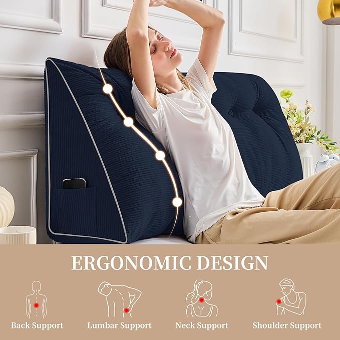 Sasttie Headboard Pillow Twin/Twin XL, Wedge Pillow Headboard for Dorm, Triangular Daybed Backrest Cushion for Sitting or Reading in Bed, with Removable Washable Cover, Navy