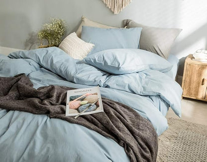 Light Blue Duvet Cover King, 100% Washed Cotton Linen Like Textured Solid Casual Modern Style Light Blue Bedding Set, with Zipper Closure, Luxury Soft Relaxed Feel Natural Wrinkled Comfy (3pcs, King)