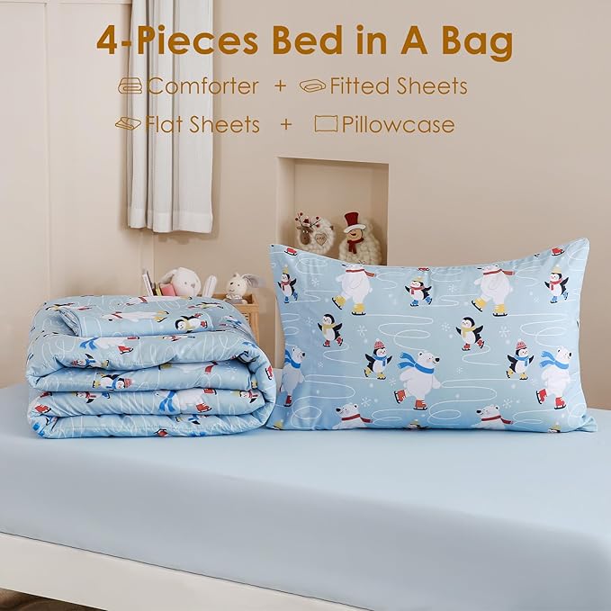 Toddler Comforter Set for Kids, Boys, Girls, 4 Pieces Bed-in-a-Bag Bedding Set, All Season Ultra Soft Sheets Set with Comforter, Penguin Skiing
