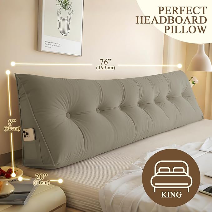 Headboard Pillow King, Large Triangular Wedge Headboard Pillow for Reading and Resting, Backrest Positioning Support Pillow with Removable Cover (Khaki)