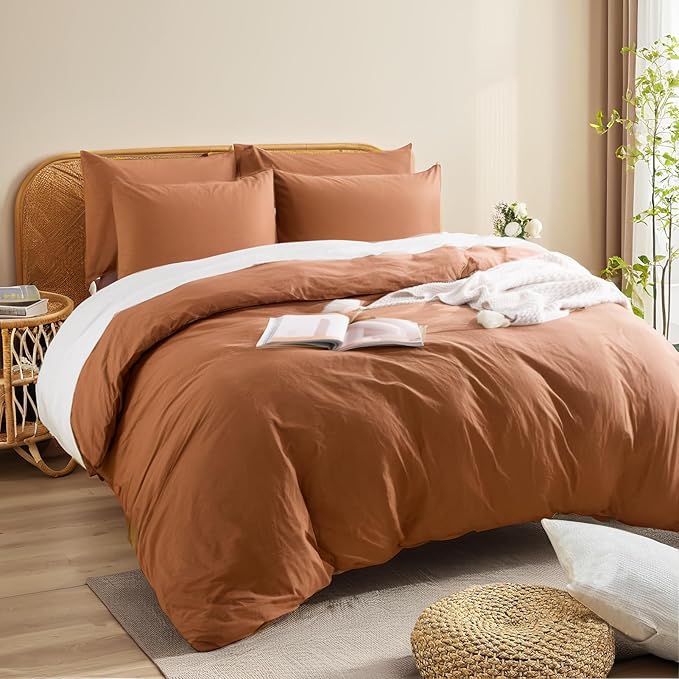 NEXHOME PRO Duvet Cover Set 100% Washed Cotton California King 104"x98", Organic Natural Linen Look Textured 3 Pieces Bedding Set Terracotta Burnt Orange with Zipper Closure, Soft(No Comforter)