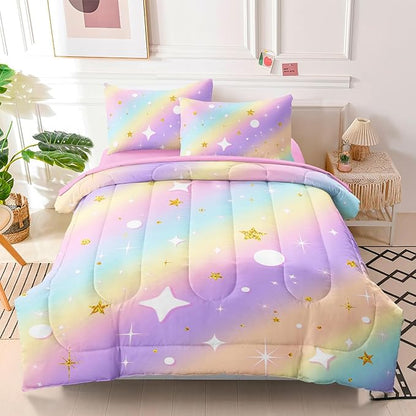 5 Pcs Full Bedding Sets for Girls, Pink Glitter Rainbow Bed in A Bag Full Size Bed Set, Stars Galaxy Bedding Comforter Set for Girls