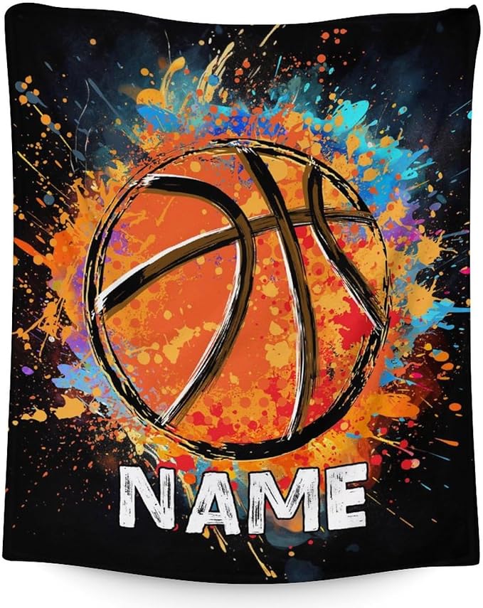 Personalized Basketball Blanket Gifts with Name, 60x50 Inches Sports Throw Blanket for Basketball Lover Kids Teens Adults, Black Soft Fuzzy Blankets for Couch Sofa Bed