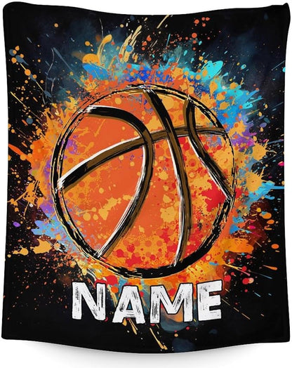 Personalized Basketball Blanket Gifts with Name, 60x50 Inches Sports Throw Blanket for Basketball Lover Kids Teens Adults, Black Soft Fuzzy Blankets for Couch Sofa Bed